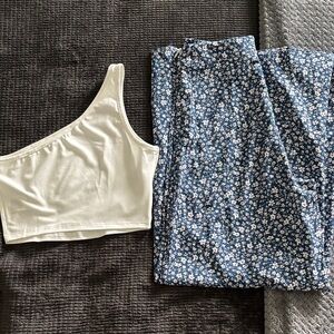 SHEIN One-Shoulder Cream Top and Blue Floral Wide Leg Pants